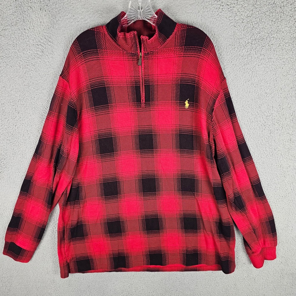 Polo Ralph Lauren Pullover Mens XLT Red Plaid Estate Rib Quarter Zip Sweater